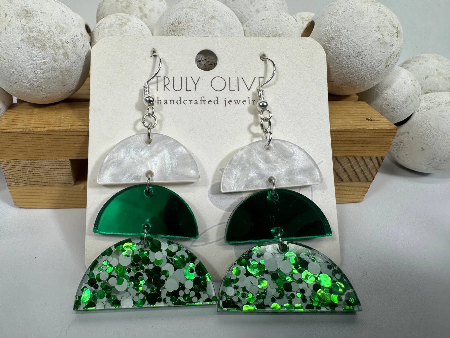 Truly Olive Green and White Sparkly Acrylic Christmas Earrings - Earrings Dangle Earrings