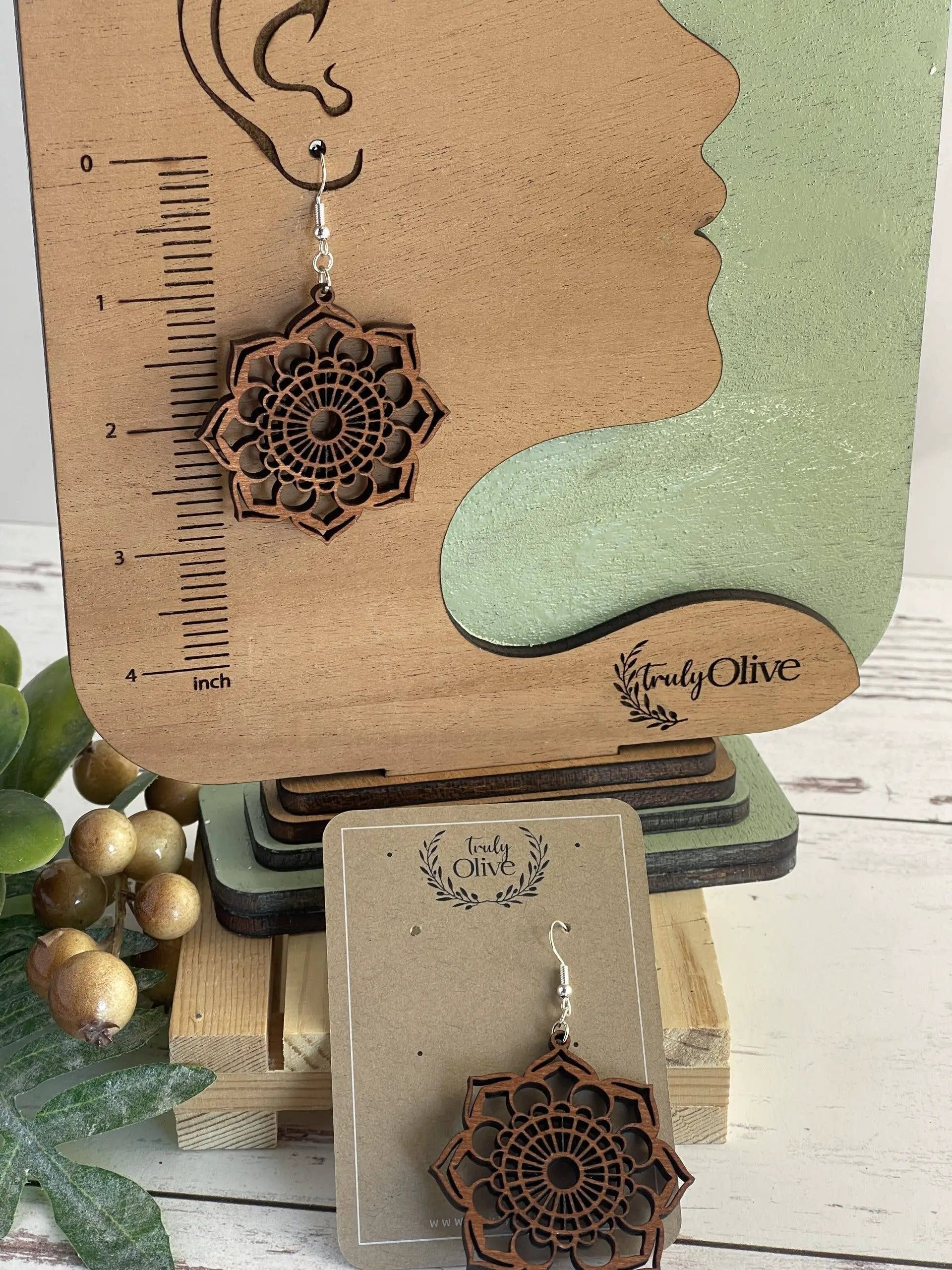 Truly Olive Introducing the Exquisite Lightweight Wood Mandala Earrings - Earrings Dangle Earrings