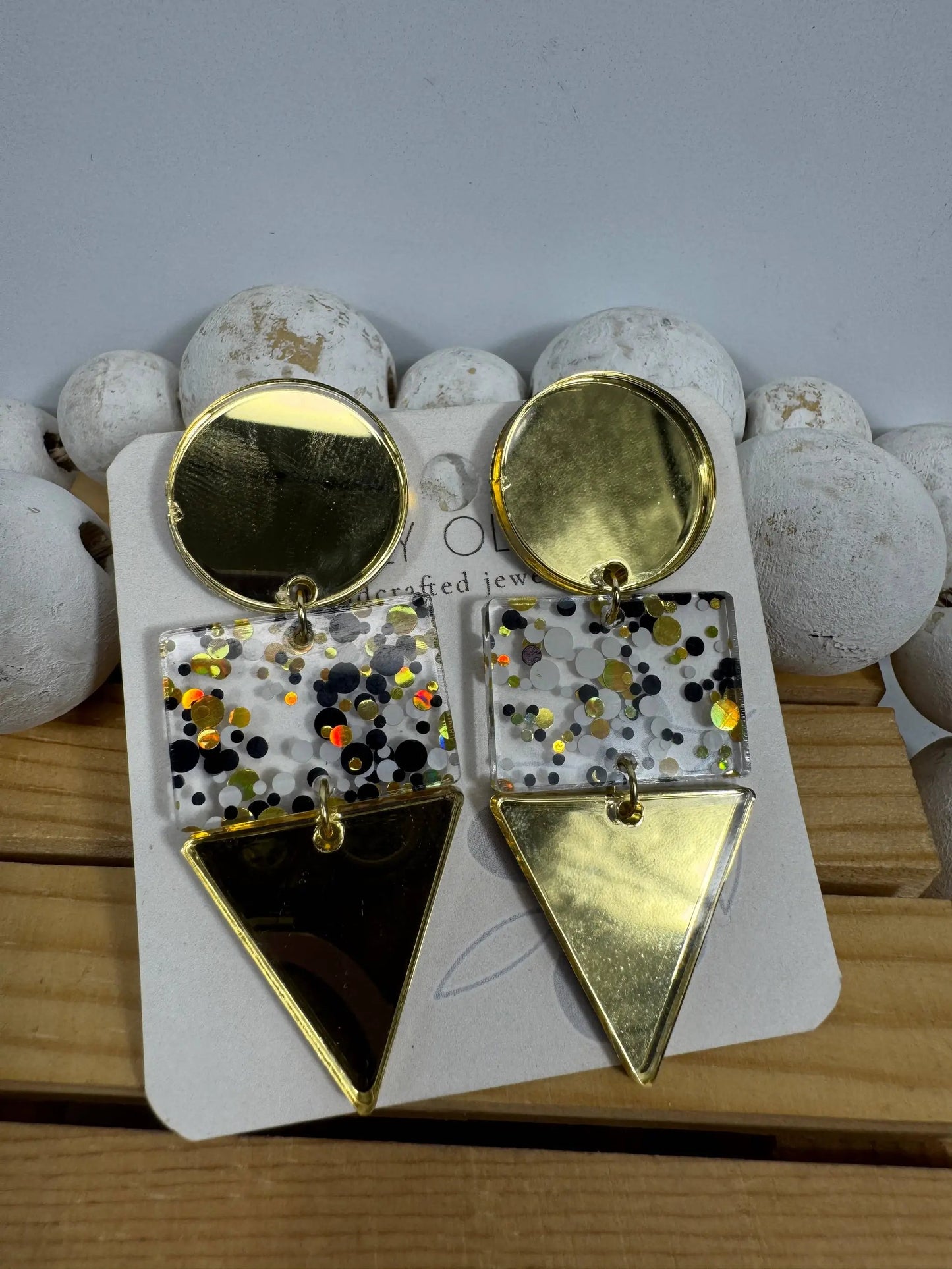 Truly Olive Gold Black and White Glitter Confetti Acrylic Earrings - Earrings Dangle Earrings