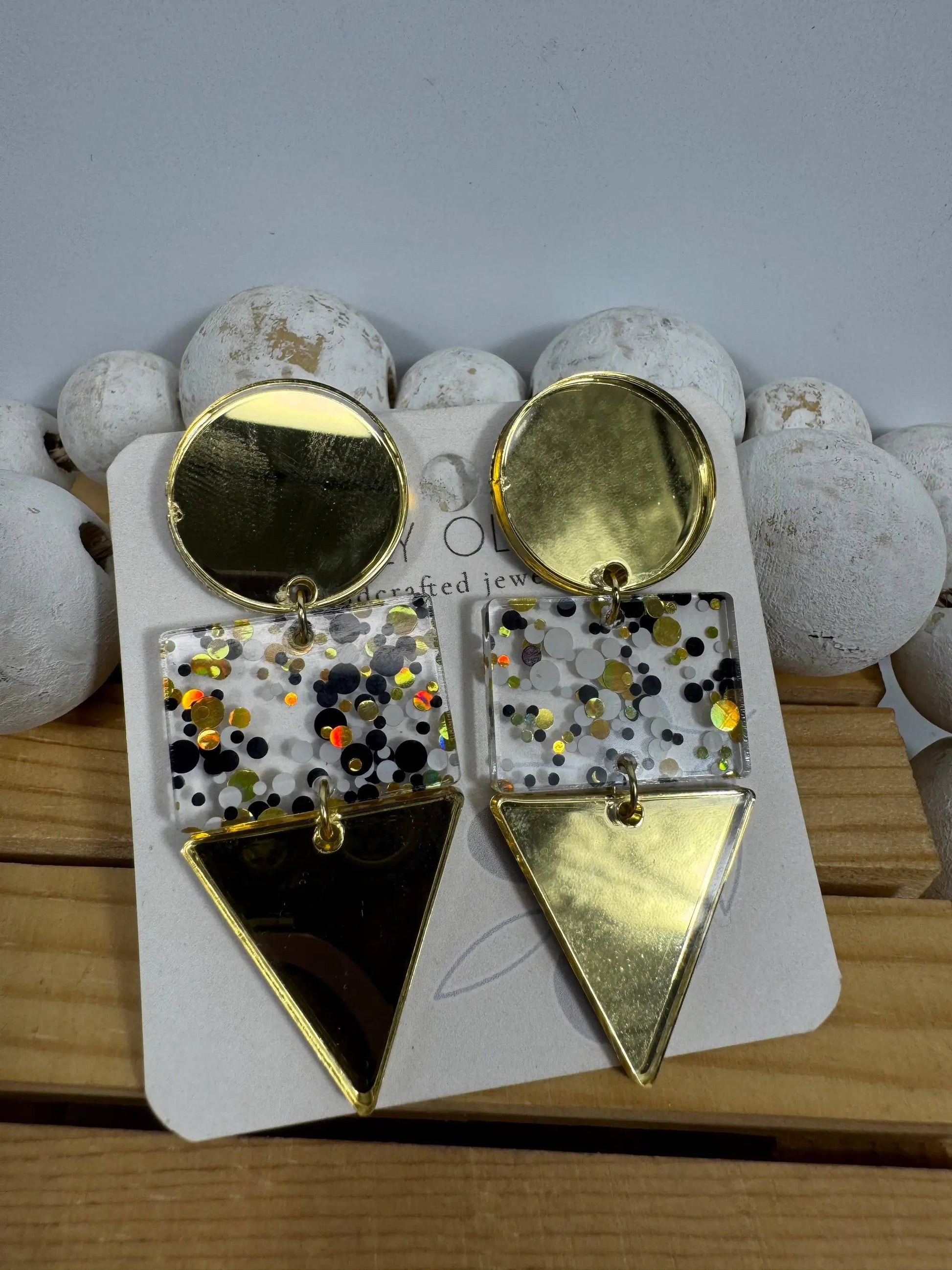 Truly Olive Gold Black and White Glitter Confetti Acrylic Earrings - Earrings Dangle Earrings