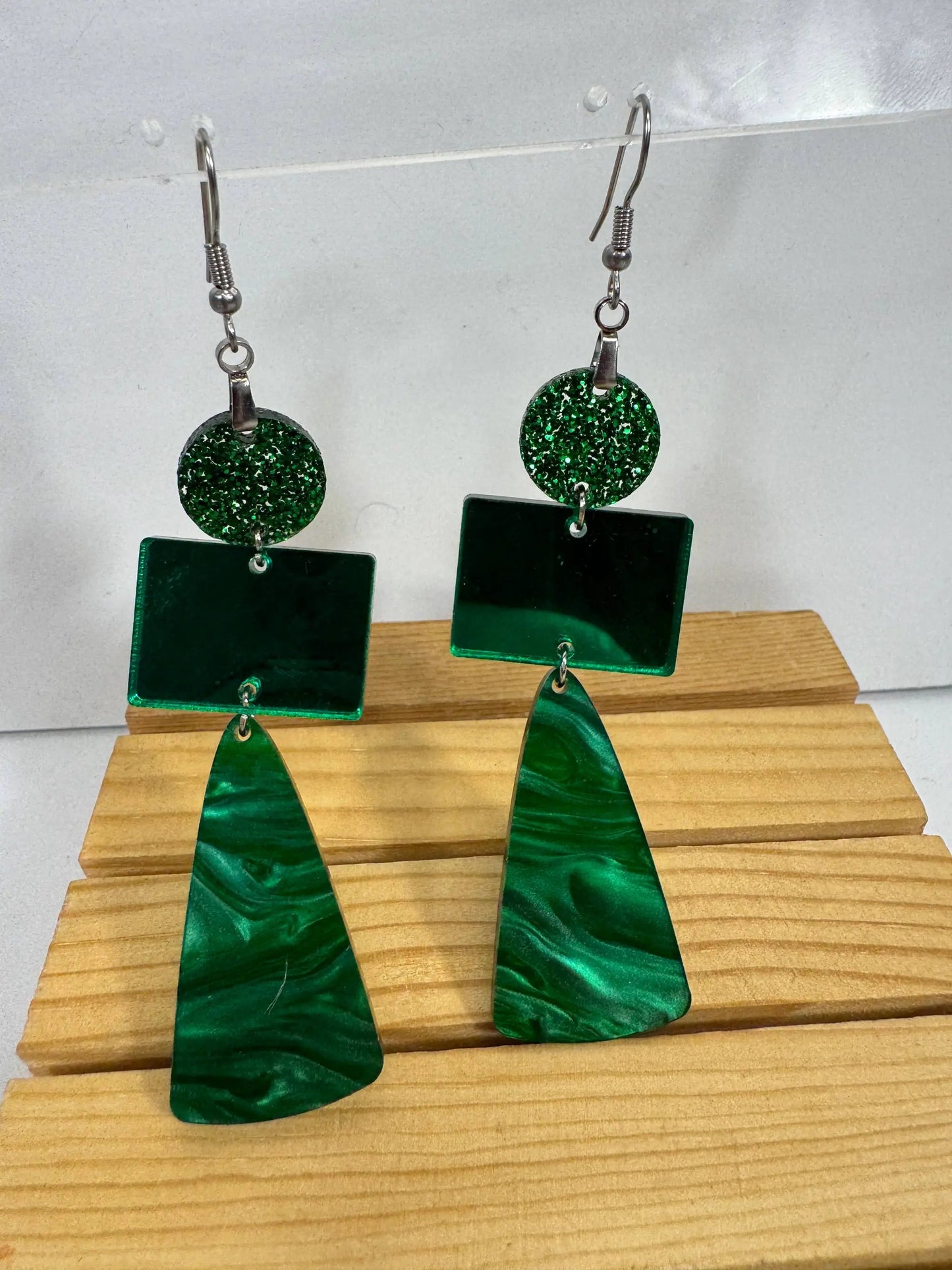 Truly Olive Green Marble and Glitter Acrylic Holiday Earrings - Earrings Dangle Earrings