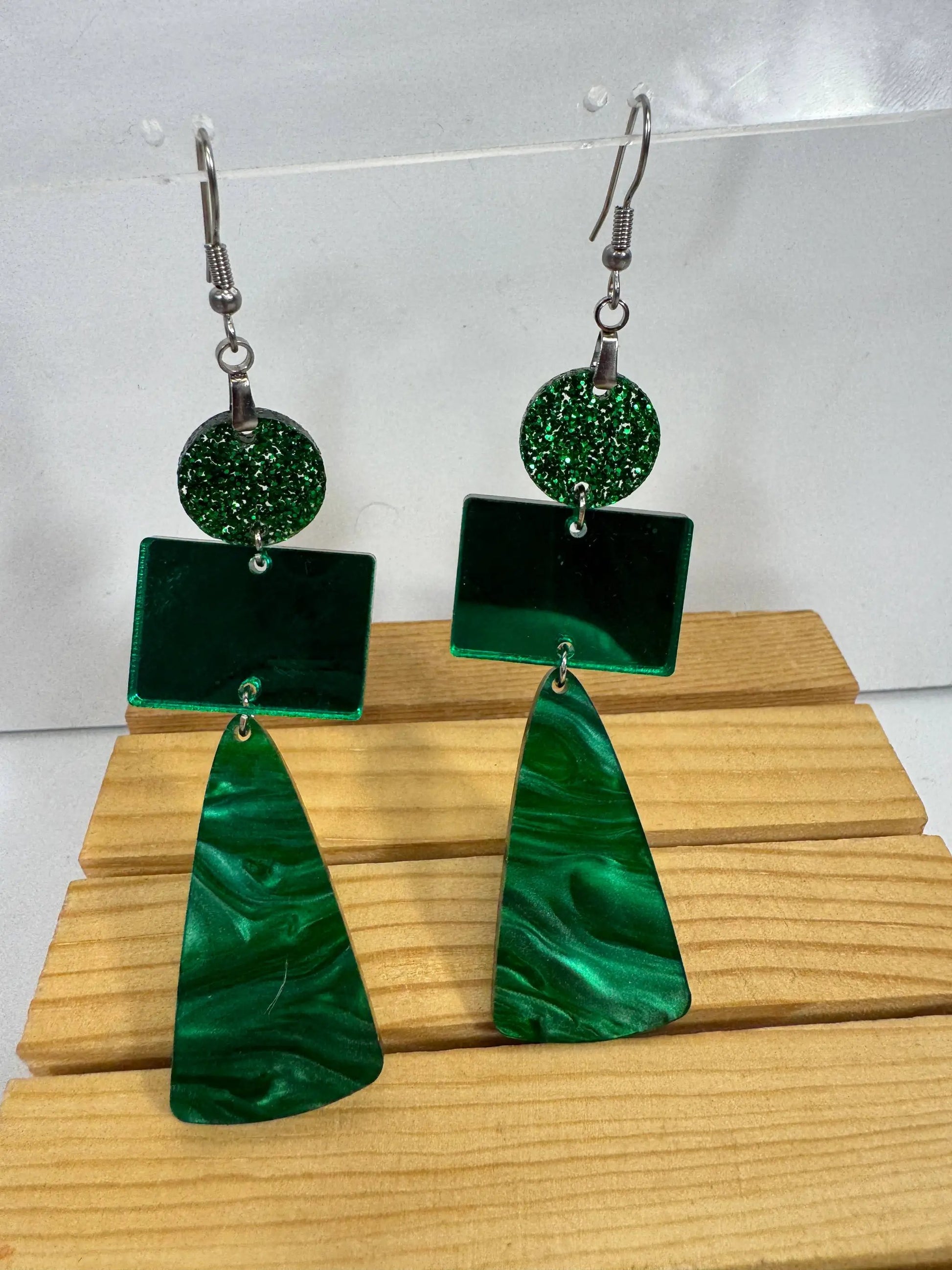 Truly Olive Green Marble and Glitter Acrylic Holiday Earrings - Earrings Dangle Earrings