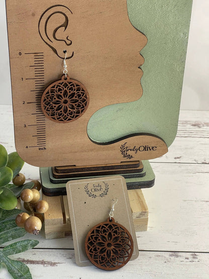 Truly Olive Circle Shape Lightweight Wood Mandala Earrings - Earrings Dangle Earrings