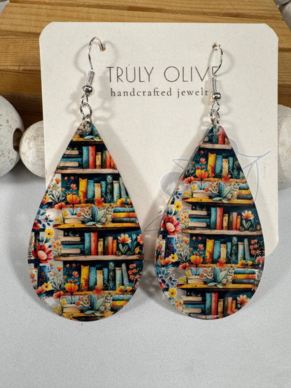 Truly Olive Bookshelf Earrings Book Lovers Teardrop Earrings - Earrings Dangle Earrings