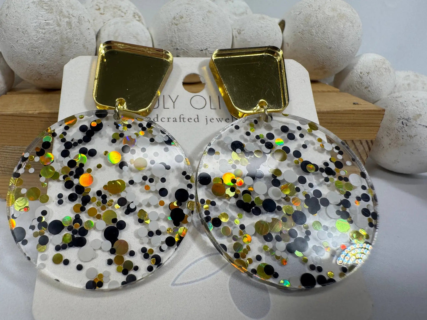 Truly Olive Tiered Circle Gold Black White Acrylic Christmas Earrings - Earrings Stud/Post Earrings