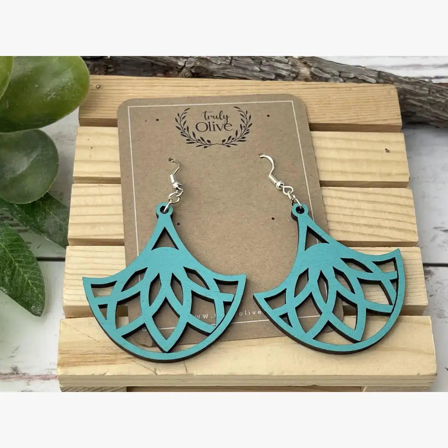 Truly Olive Fan Shape Lightweight Wood Earrings - Earrings Dangle Earrings