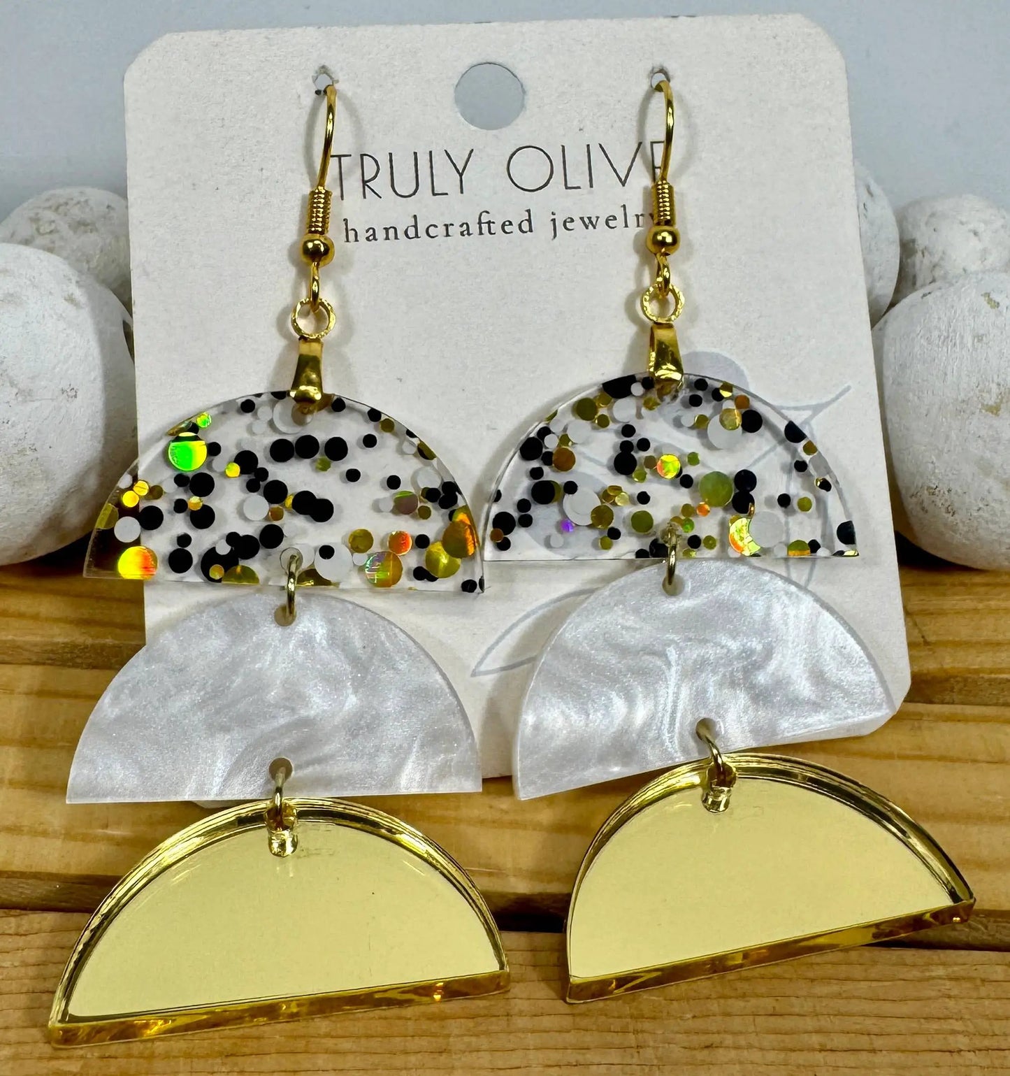 Truly Olive Gold and Black Glass Acrylic Holiday Earrings - Earrings Dangle Earrings
