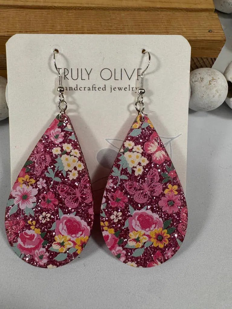 Truly Olive Pink Glitter Flower Pattern Acrylic Earrings - Earrings Dangle Earrings