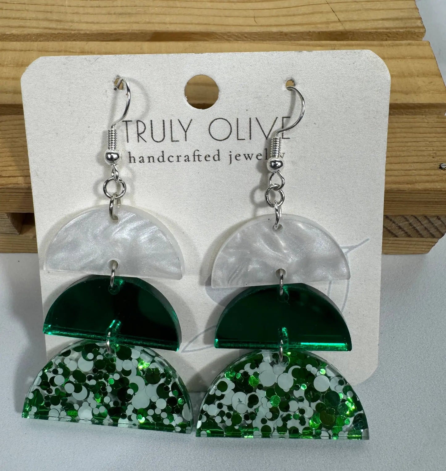 Truly Olive Green and White Sparkly Acrylic Christmas Earrings - Earrings Dangle Earrings
