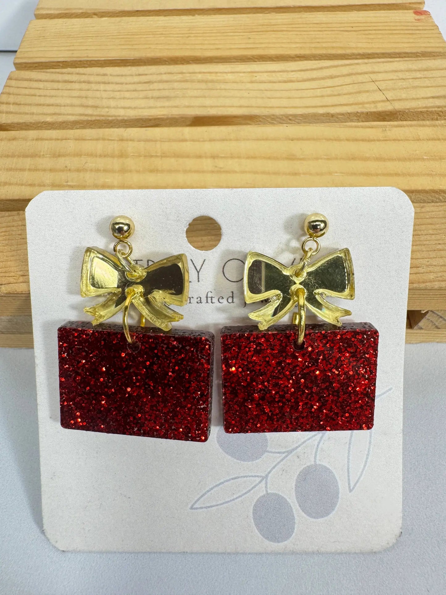 Truly Olive Red and Gold Christmas Present Earrings - Earrings Dangle Earrings
