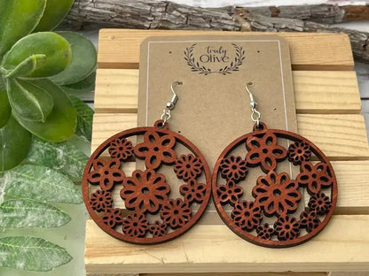 Truly Olive Groovy Flower Pattern Wood Earrings - Earrings Dangle Earrings
