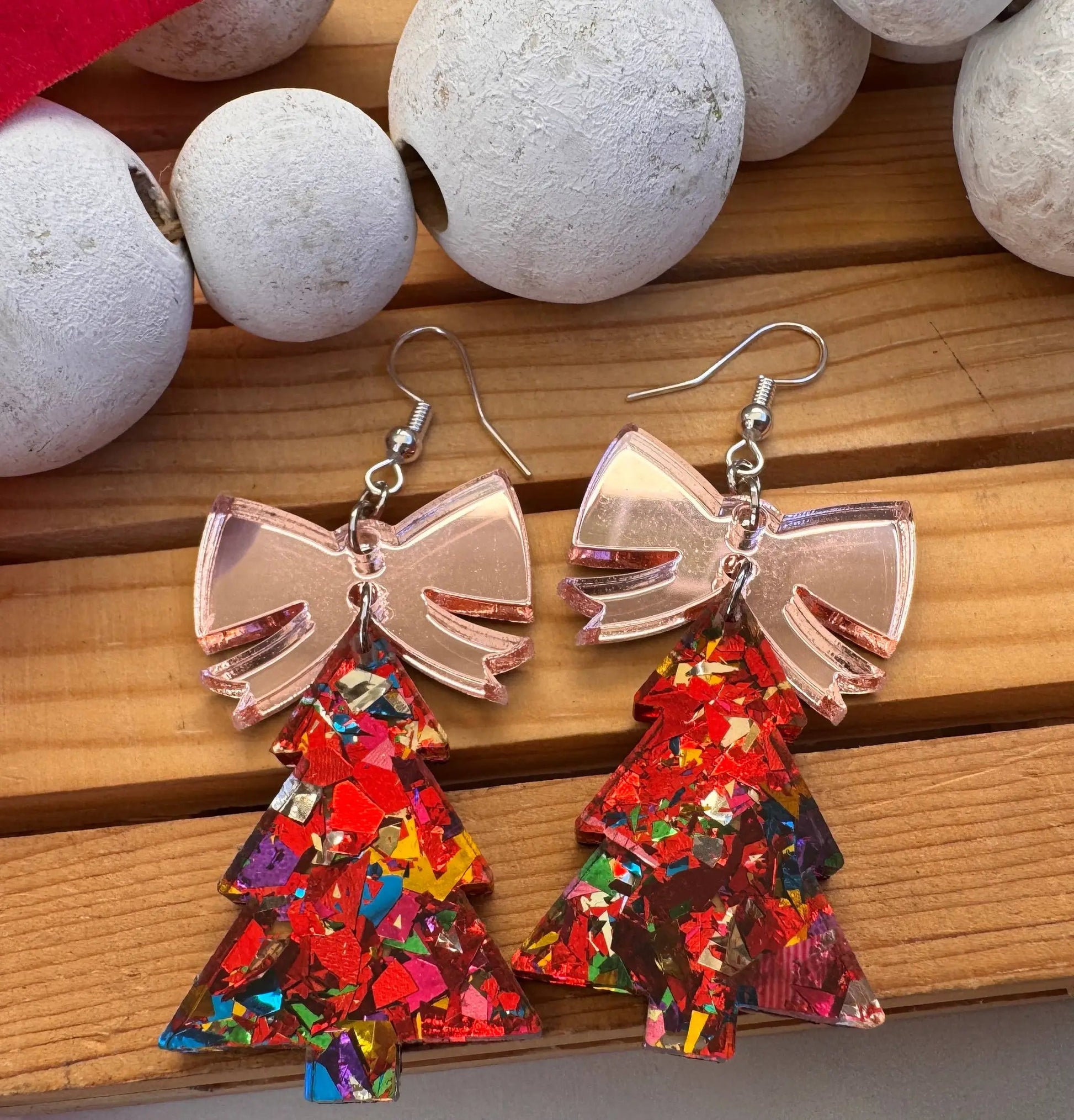 Truly Olive Glitter Christmas Trees With Rose Gold Bow - Earrings Dangle Earrings