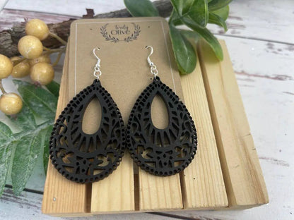 Truly Olive Teardrop Shape Wood Mandala Earrings - Earrings Dangle Earrings