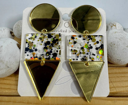 Truly Olive Gold and Black Glass Acrylic Holiday Earrings - Earrings Dangle Earrings