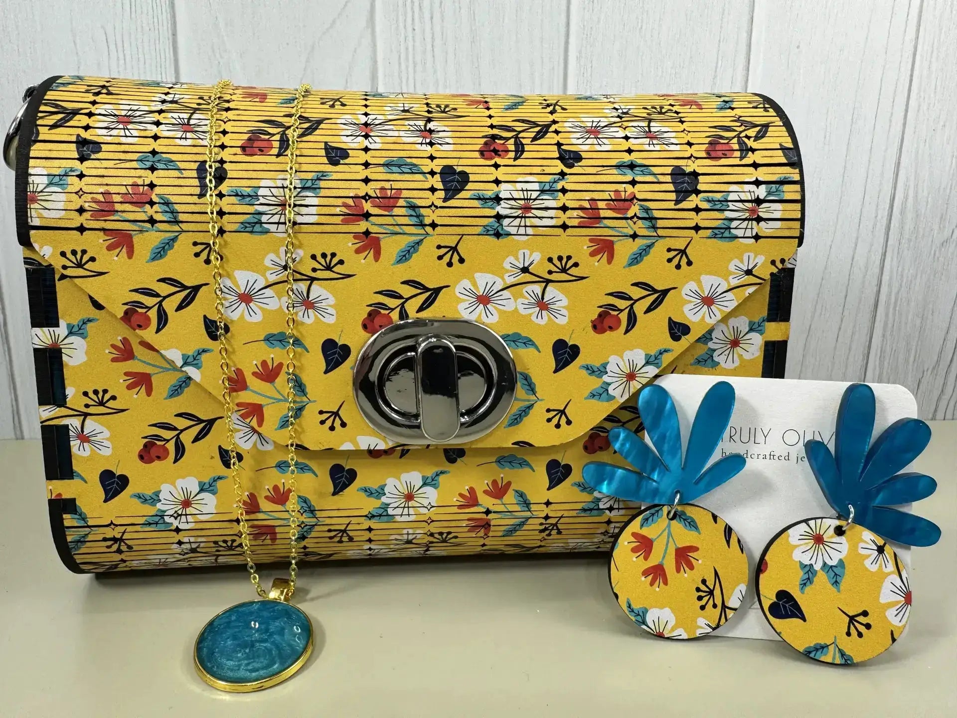 Truly Olive Bright Bloom Wood Clutch Yellow Floral Elegance - Clutch Bags Clutch Bag - Women's