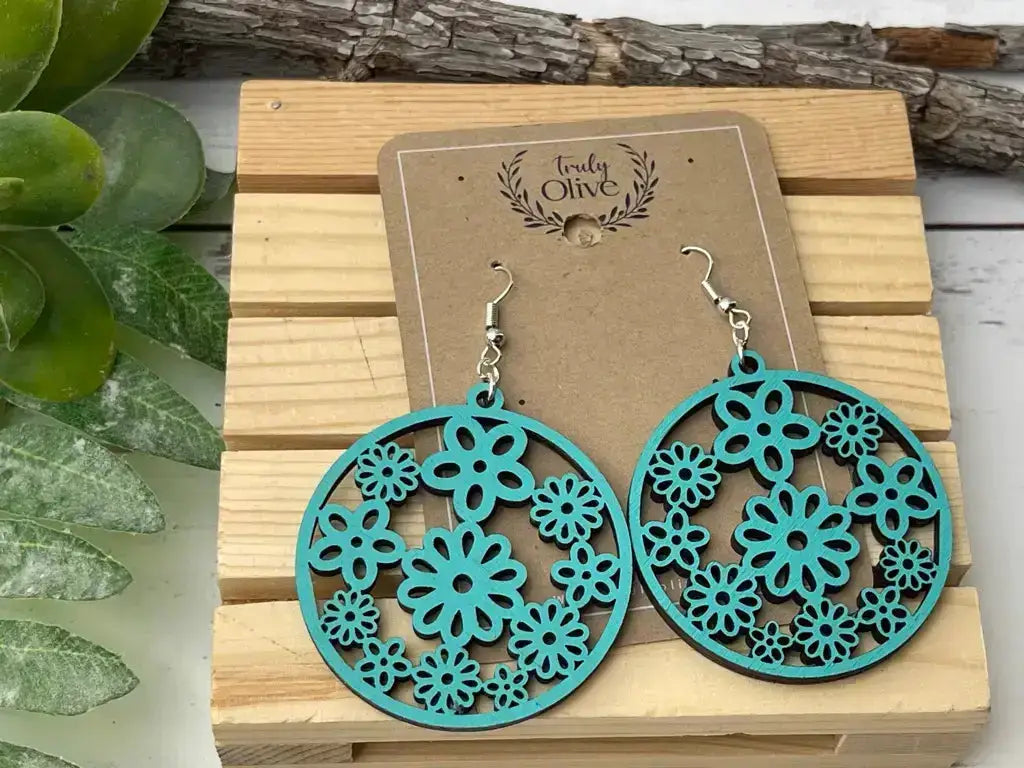 Truly Olive Groovy Flower Pattern Wood Earrings - Earrings Dangle Earrings