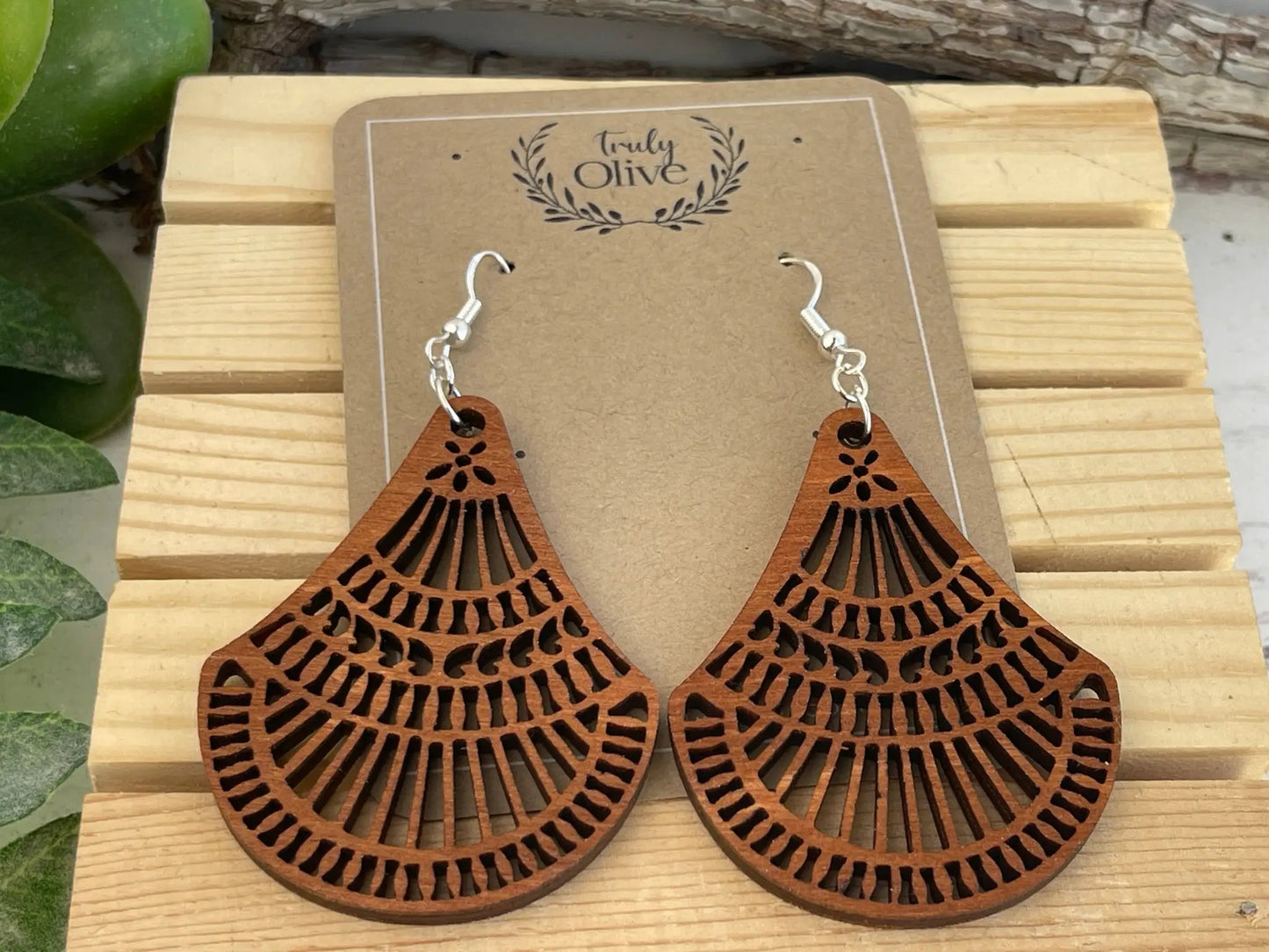 Truly Olive Elegant Shapely Wood Earrings - Earrings Dangle Earrings
