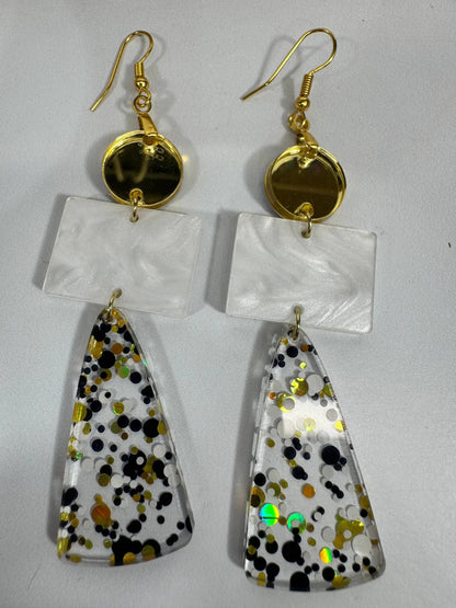 Truly Olive Long Gold Black and White Sparkly Confetti Acrylic Earrings - Earrings Dangle Earrings