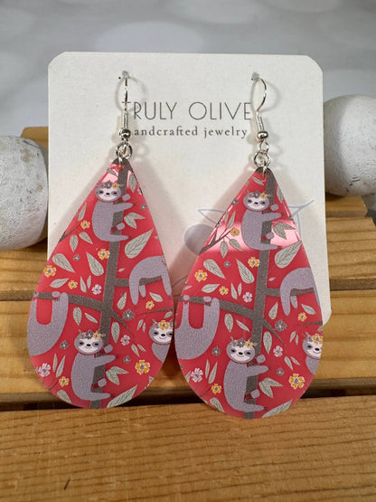 Truly Olive Adorable Pink Acrylic Sloth Earrings - Earrings Dangle Earrings