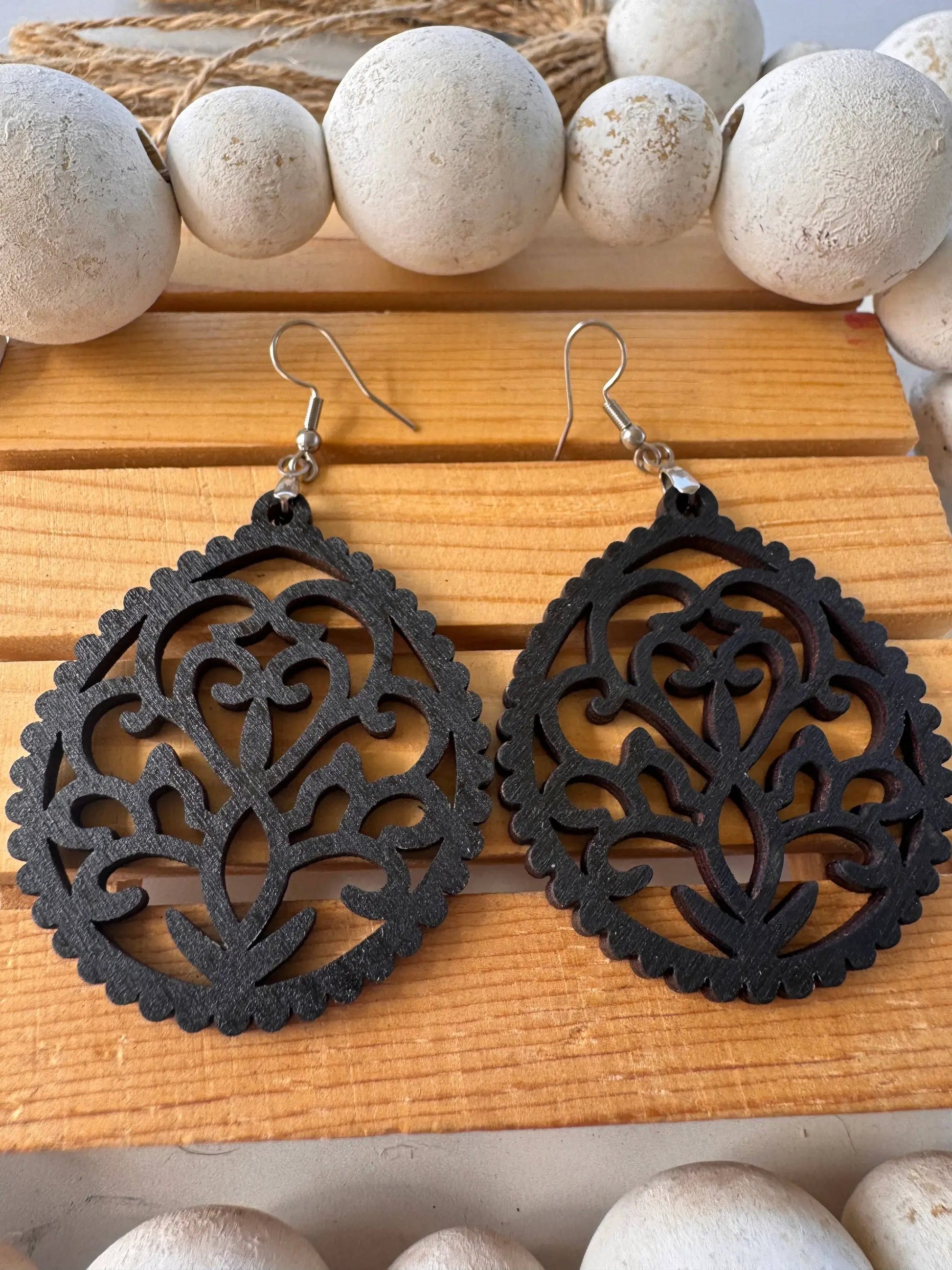 Truly Olive Intricate Wood Earrings - Earrings Dangle Earrings