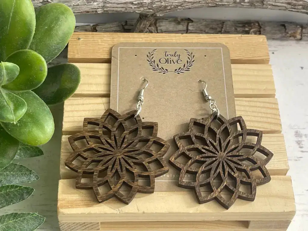 Truly Olive Natural Wood Mandala Earrings - Earrings Dangle Earrings