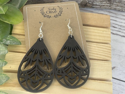 Truly Olive Vintage Wood Mandala Earrings Teardrops - Earrings Dangle Earrings
