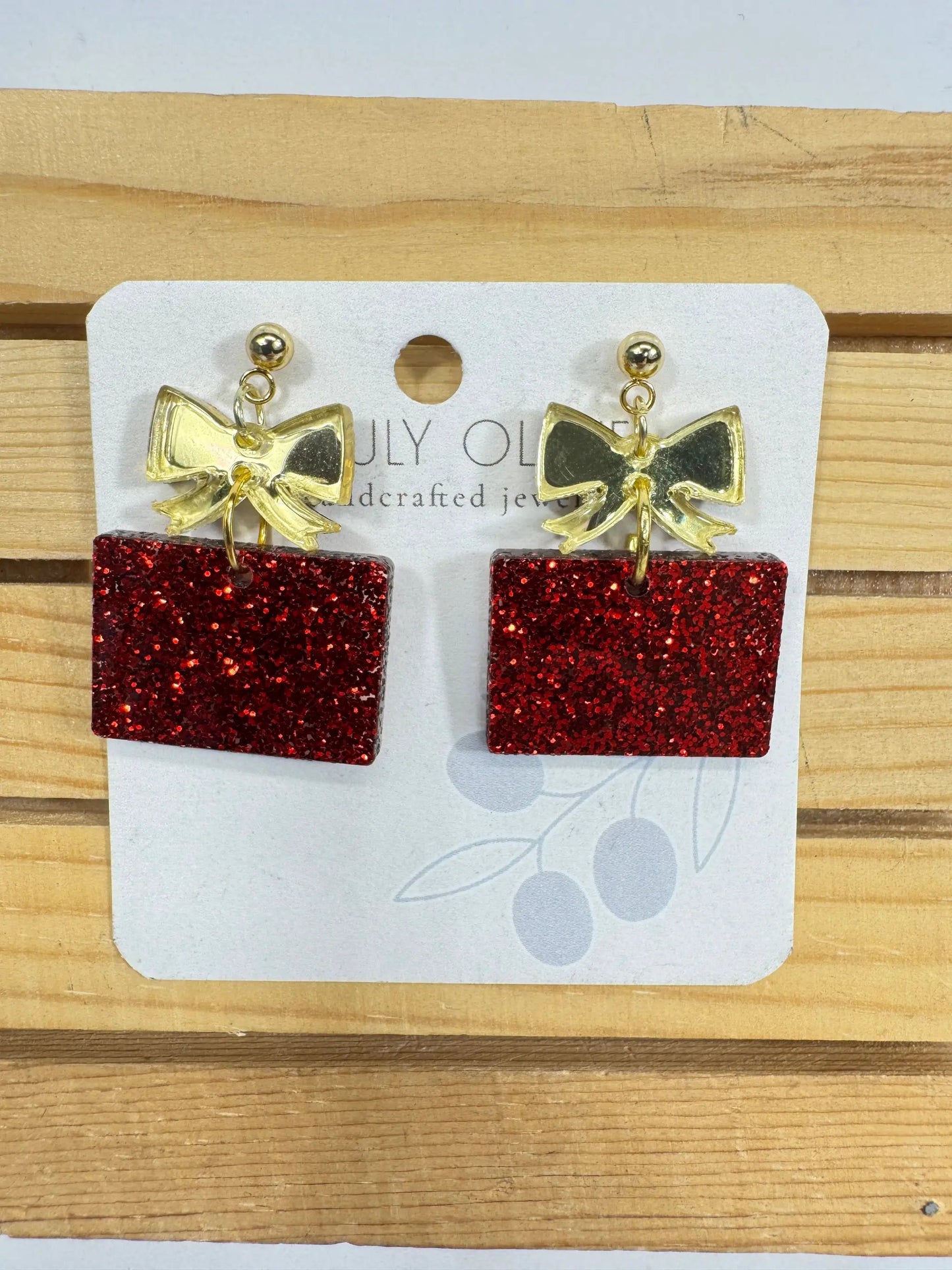 Truly Olive Red and Gold Christmas Present Earrings - Earrings Dangle Earrings