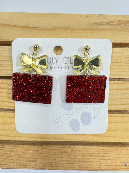 Truly Olive Red and Gold Christmas Present Earrings - Earrings Dangle Earrings
