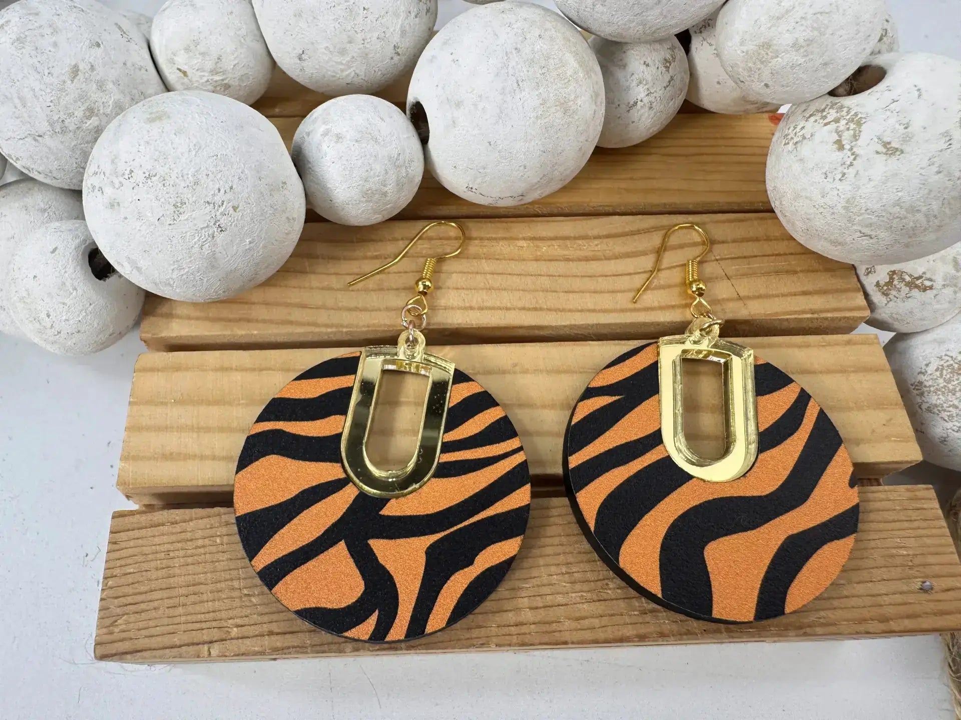 Truly Olive Tiger Pattern Wood Earrings - Earrings Dangle Earrings