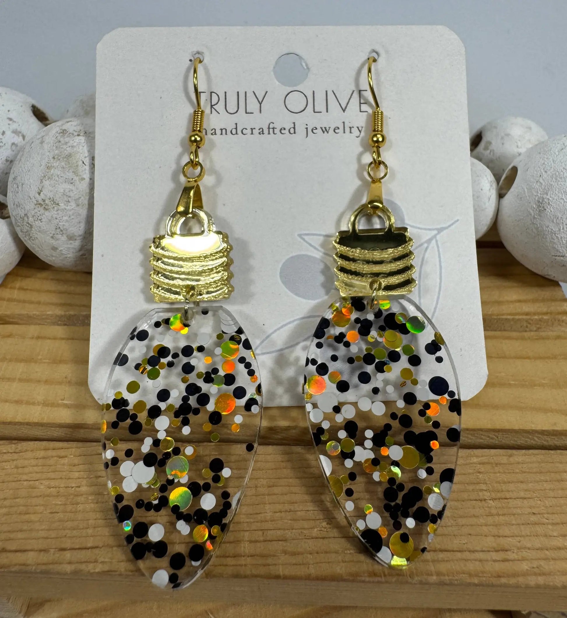 Truly Olive Cute Gold Black and White Christmas Lightbulb Earrings - Earrings Dangle Earrings