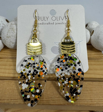 Truly Olive Cute Gold Black and White Christmas Lightbulb Earrings - Earrings Dangle Earrings