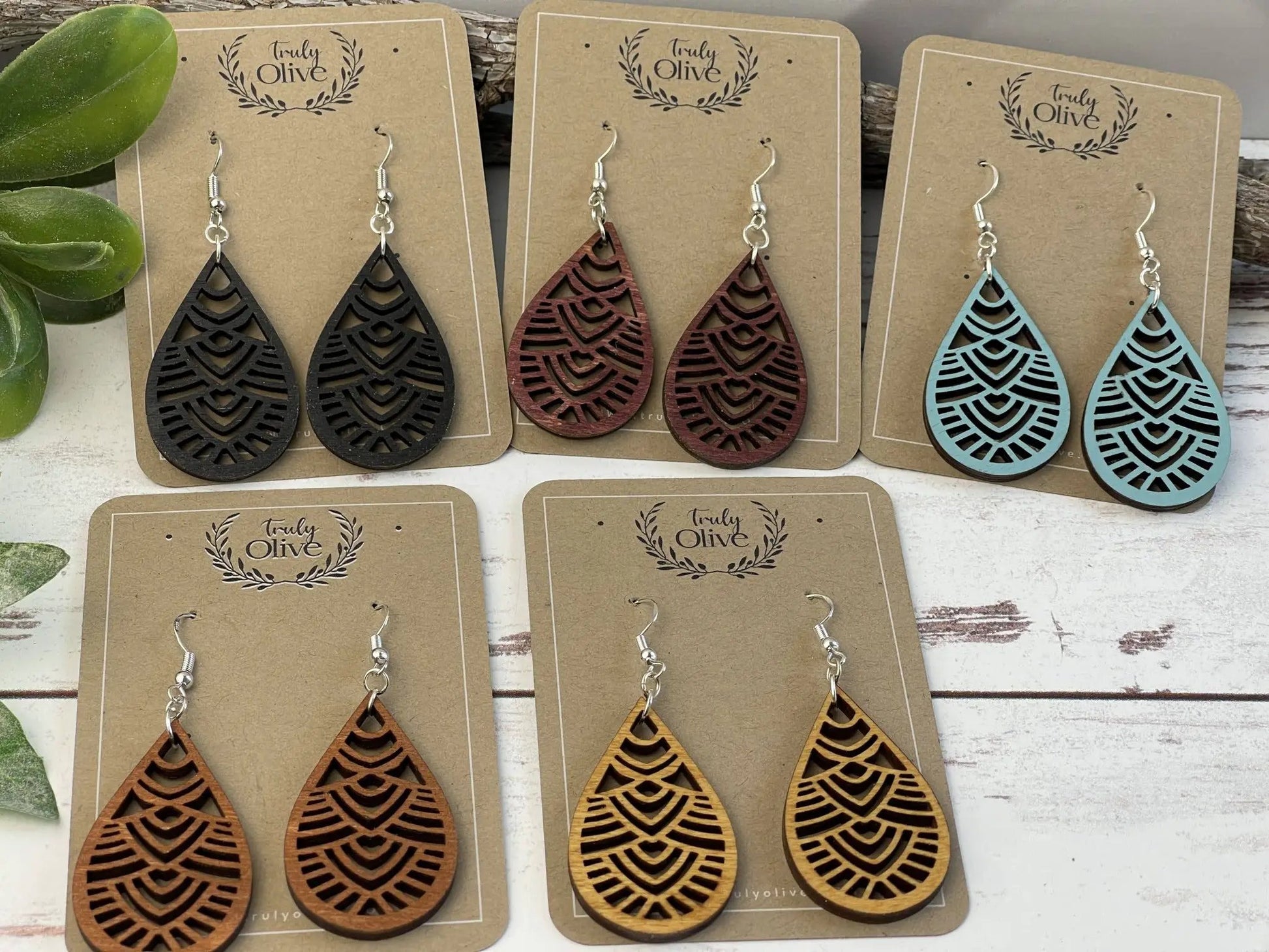 Truly Olive Geometric Small Wooden Earrings - Earrings Dangle Earrings