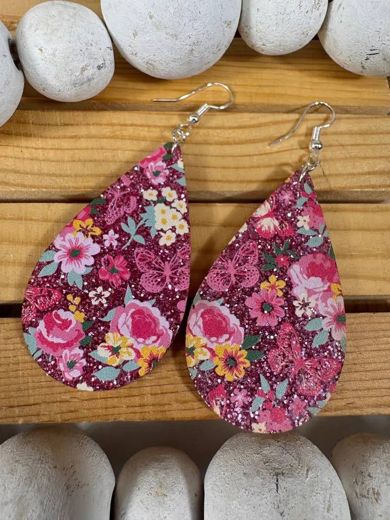 Truly Olive Pink Glitter Flower Pattern Acrylic Earrings - Earrings Dangle Earrings