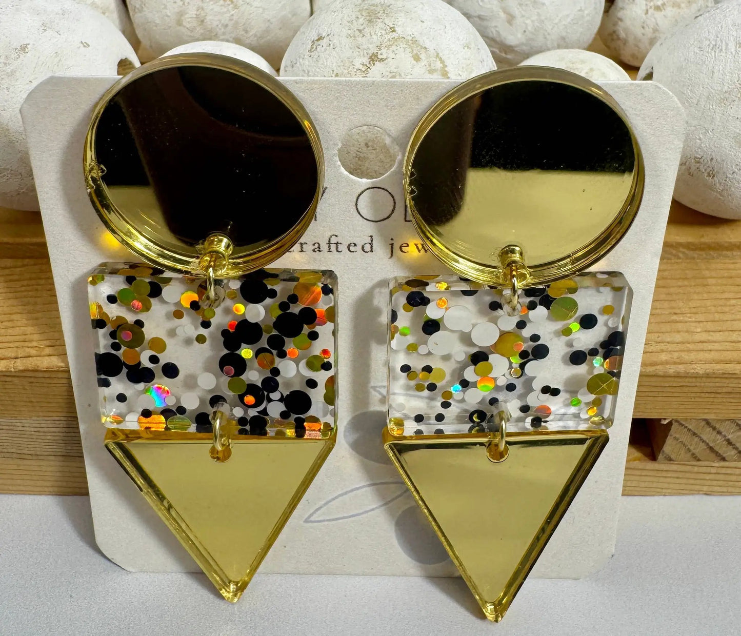 Truly Olive Gold Black and White Glitter Confetti Acrylic Earrings - Earrings Dangle Earrings