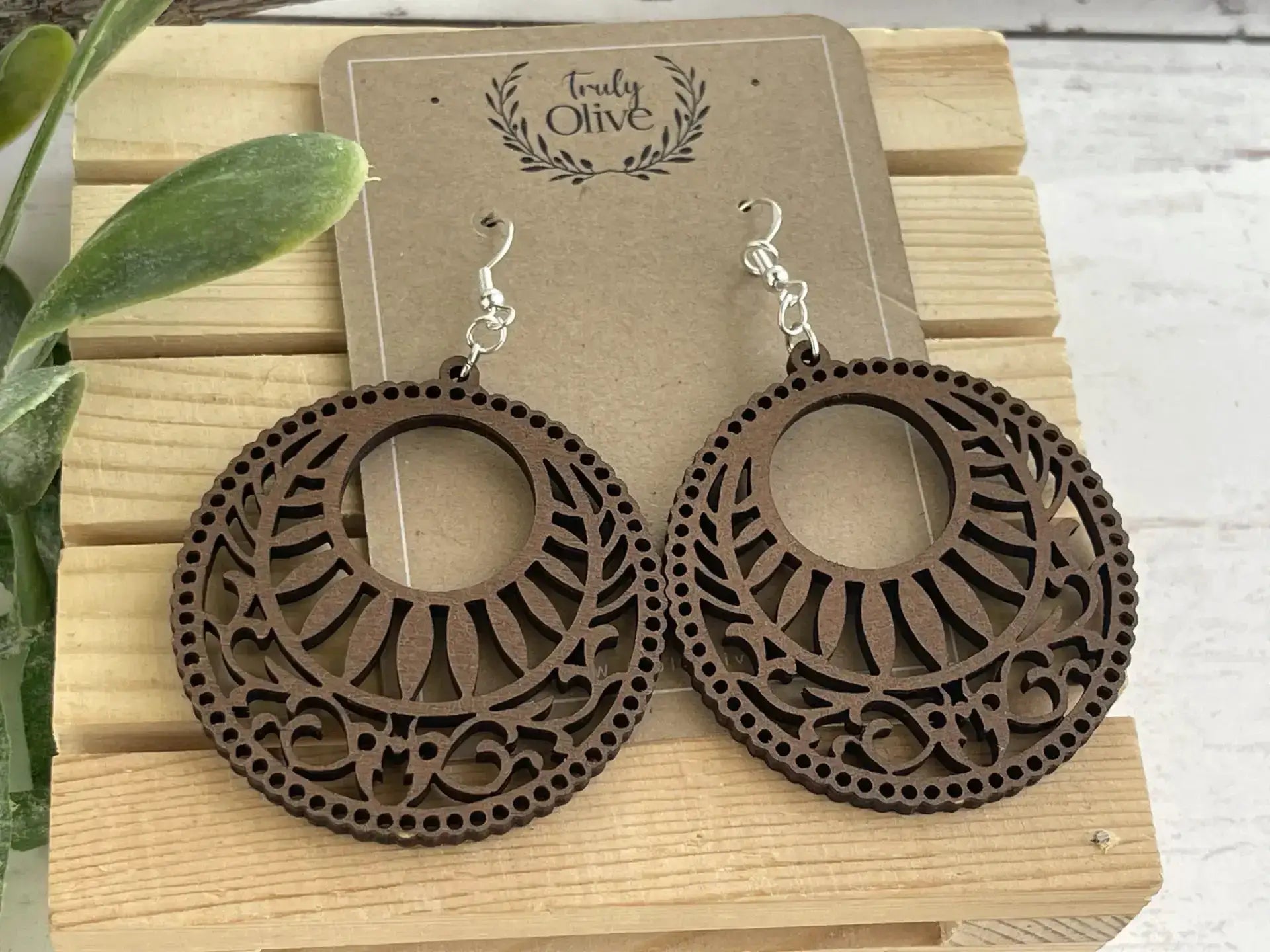 Truly Olive Lightweight Circle Wood Mandala Earrings - Earrings Dangle Earrings