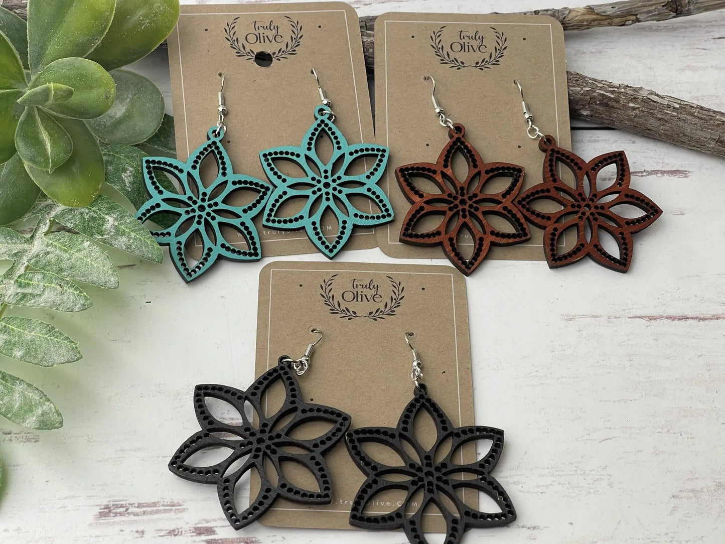 Truly Olive Introducing Lightweight Wood Earrings in a Large Star Shape - Earrings Dangle Earrings