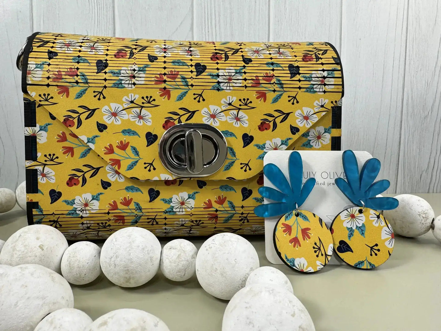 Truly Olive Bright Bloom Wood Clutch Yellow Floral Elegance - Clutch Bags Clutch Bag - Women's