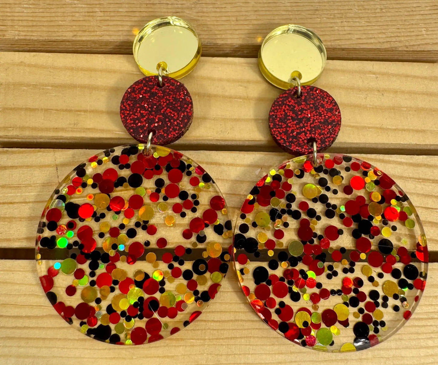 Truly Olive Tiered Red and Gold Confetti Acrylic Earrings - Earrings Dangle Earrings