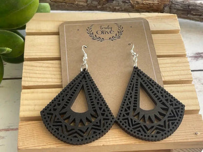Truly Olive Lightweight Wood Mandala Earrings - Half Bell Shape - Earrings Dangle Earrings