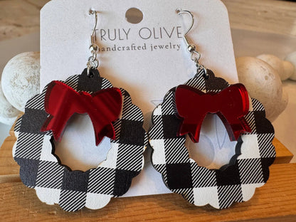 Truly Olive Black and White Buffalo Plaid Christmas Wreath Earrings - Earrings Dangle Earrings
