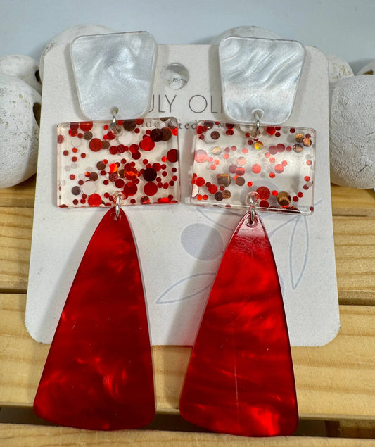 Truly Olive Red and White Long Dangle Holiday Earrings - Earrings Dangle Earrings