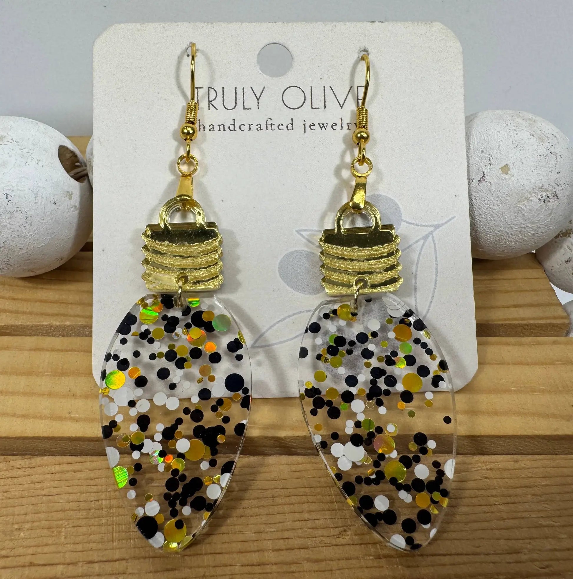Truly Olive Cute Gold Black and White Christmas Lightbulb Earrings - Earrings Dangle Earrings