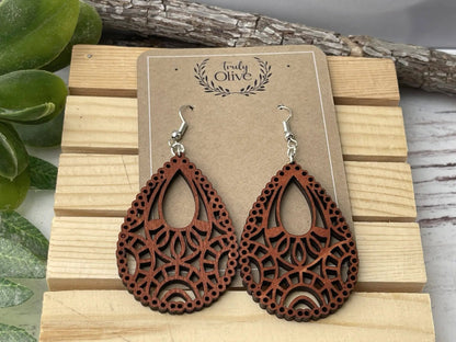 Truly Olive Stunning Wood Mandala Earrings in a Unique Teardrop Shape - Earrings Dangle Earrings