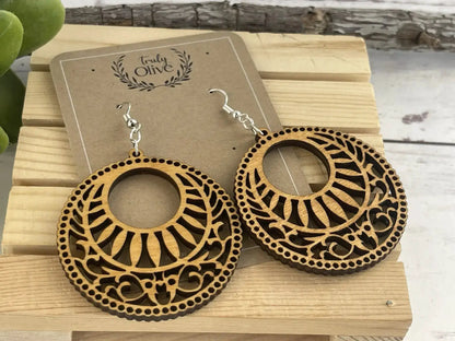 Truly Olive Lightweight Circle Wood Mandala Earrings - Earrings Dangle Earrings