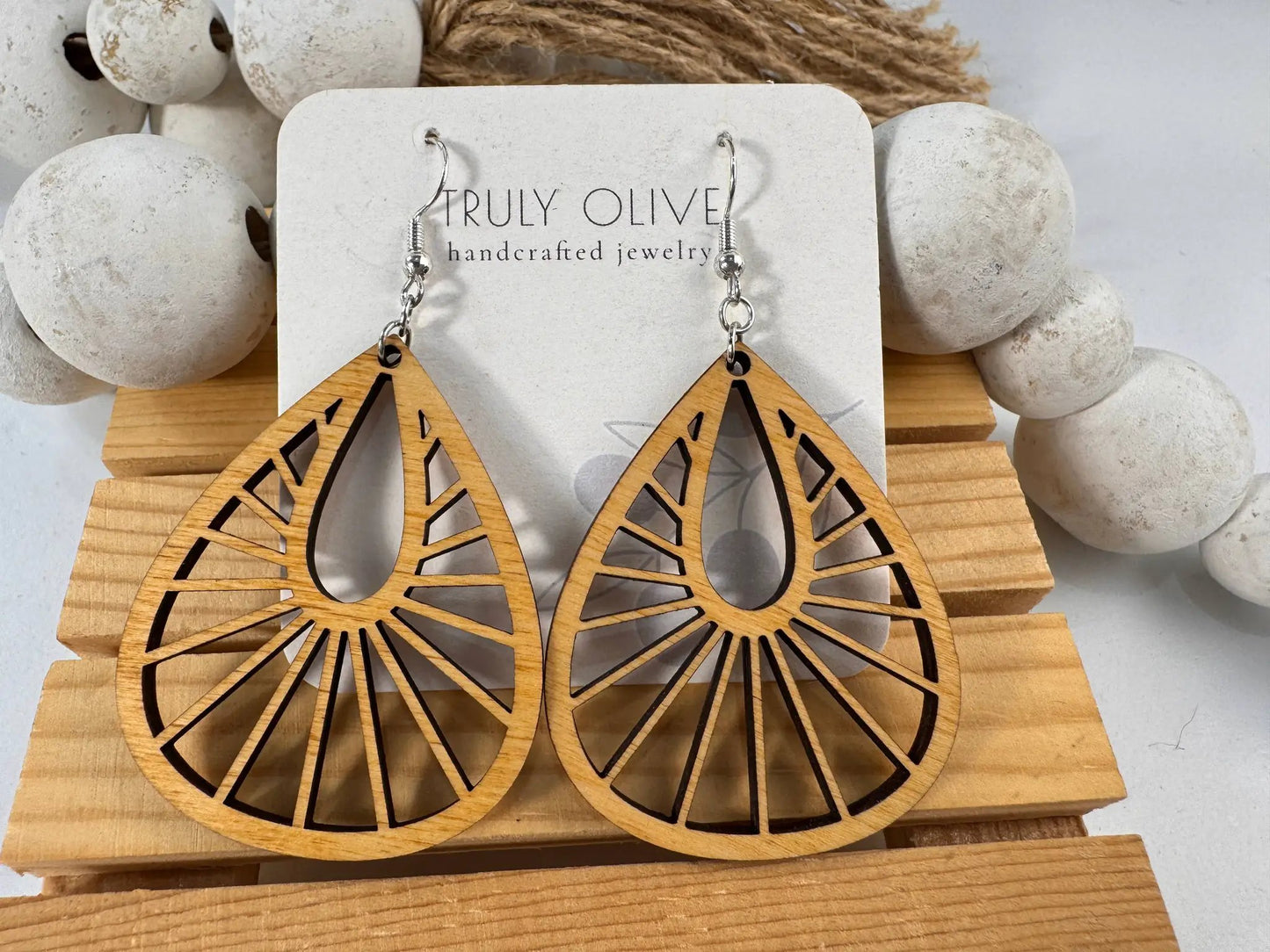Truly Olive Teardrop Wood Mandala Earrings in a Unique Fanned Out Shape - Earrings Dangle Earrings