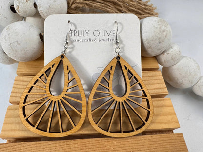 Truly Olive Teardrop Wood Mandala Earrings in a Unique Fanned Out Shape - Earrings Dangle Earrings