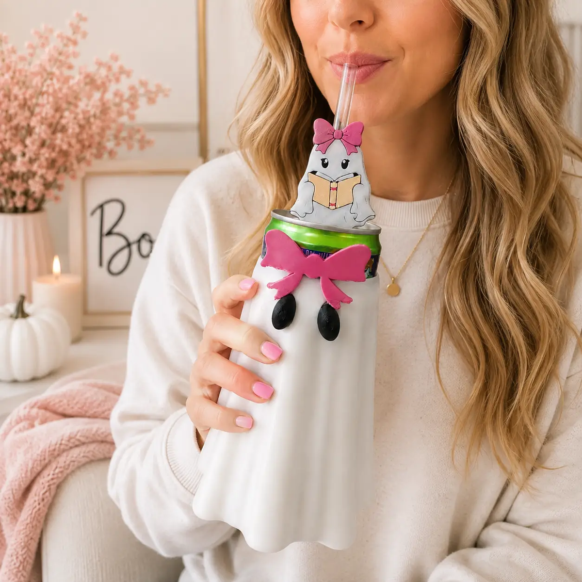 Truly Olive Spooky Ghost Can Cooler With Straw Topper Chills Drinks - Drink Sleeves Can Coolers