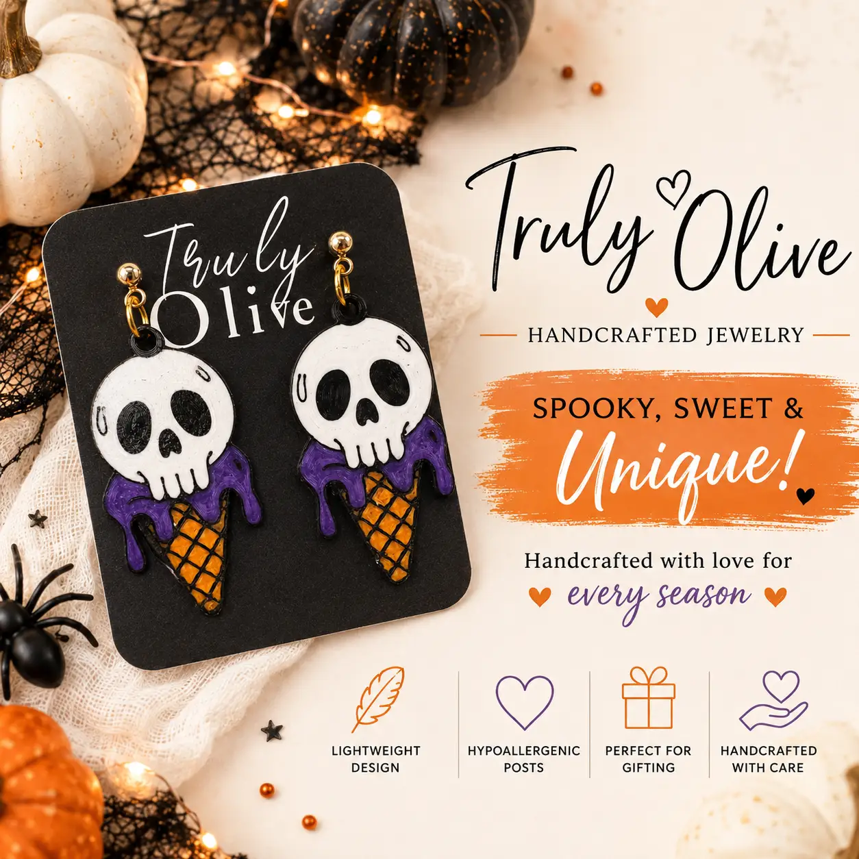Trulyolive Spooky meets sweet with these handcrafted Skull Ice Cream Earrings by Truly Olive. - Earrings Stud/Post Earrings
