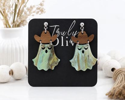 Truly Olive Cowgirl Ghost Halloween Dangle Earrings - Earrings Dangle Earrings