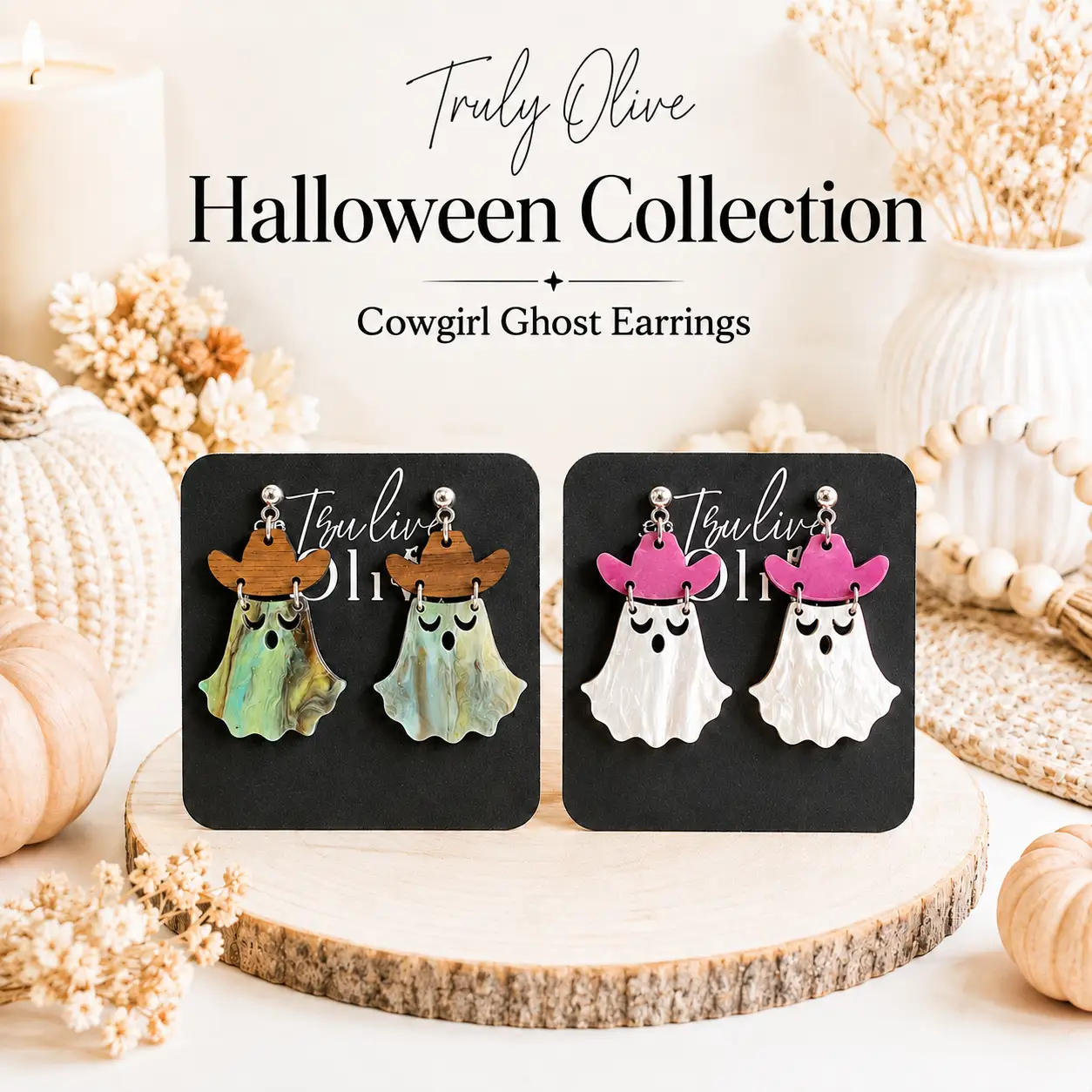 Truly Olive Cowgirl Ghost Halloween Dangle Earrings - Earrings Dangle Earrings